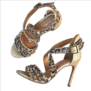 Jessica Simpson Mahley Gold Glitter Animal Print Crystal Strap Stiletto Sandal